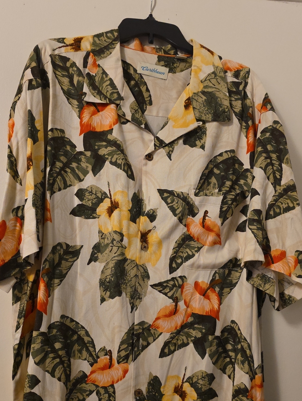 Caribbean Tropical Floral Camp Shirt in Cream, Green, Orange, Yellow